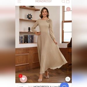 Elegant Beige Pleated Dress From MONDRESSY, SIZE 6, NEW WITH TAG